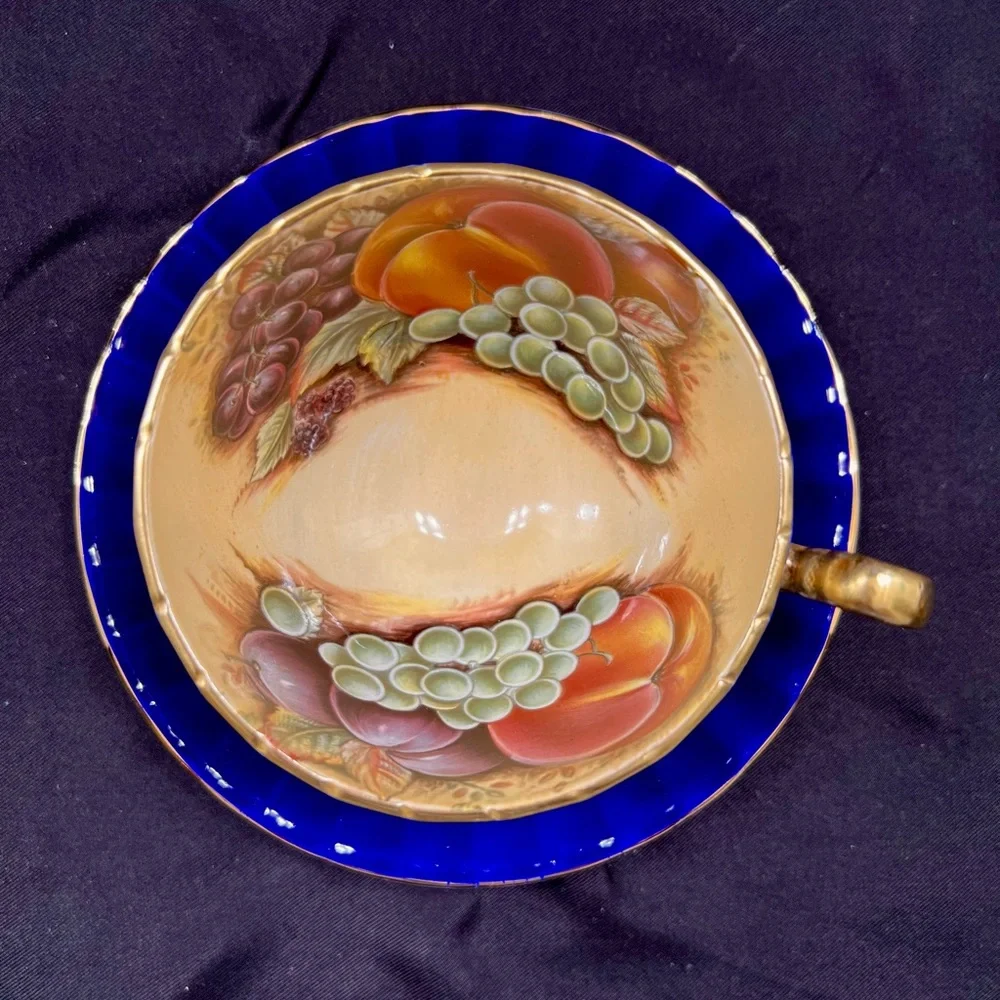 AYNSLEY Cobalt Blue ORCHARD FRUIT England Teacup‎ Cup & Saucer - Vintage